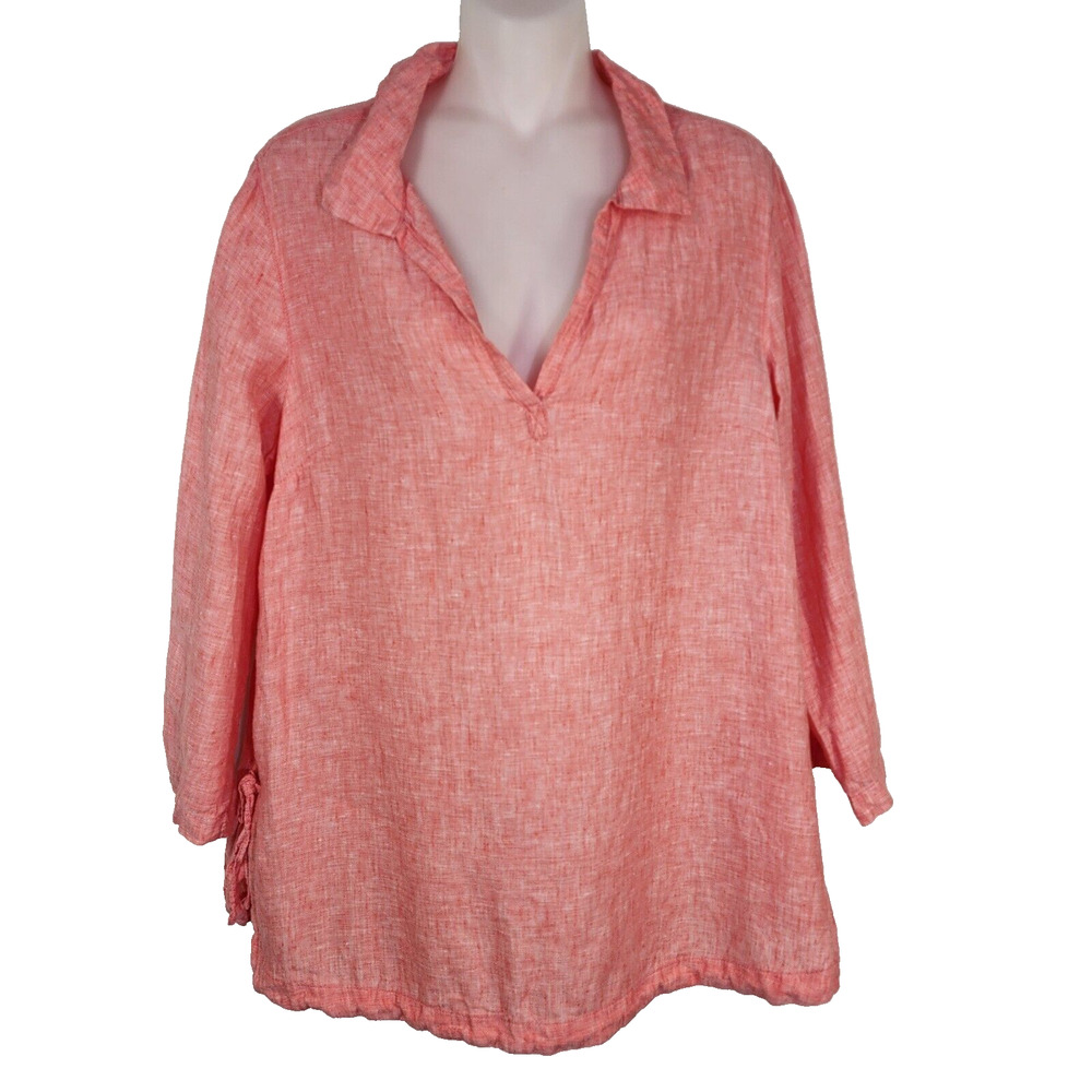 Sigrid Olsen Tunic Top Women Medium 100% Linen Side Slit Ties Popover Pink Beach